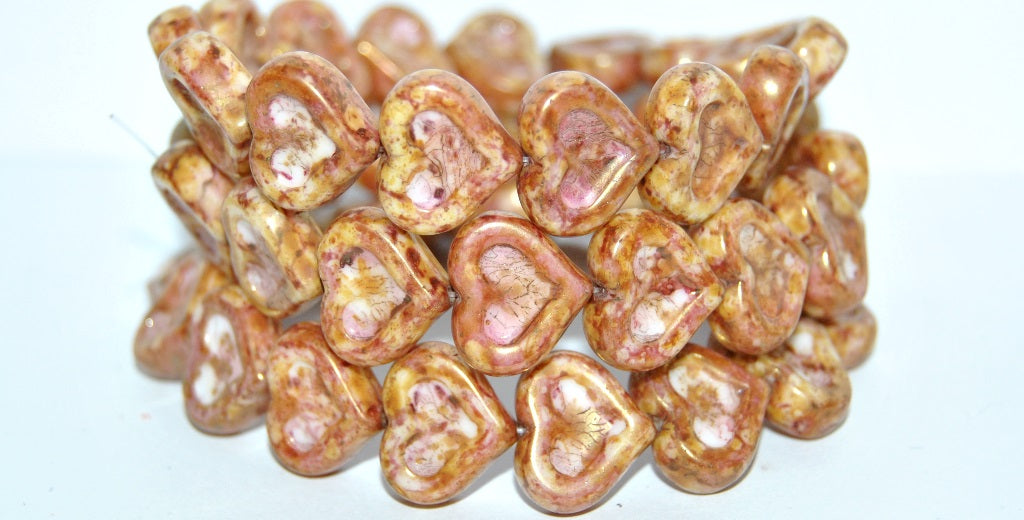 Heart With Heart Pressed Glass Beads, White Senegal Red (2010 15675), Glass, Czech Republic