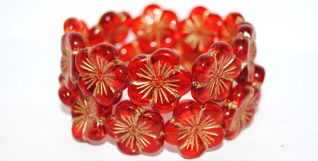 Round Flower Hibiskus Pressed Glass Beads, Transparent Red 54202 (90060 54202), Glass, Czech Republic