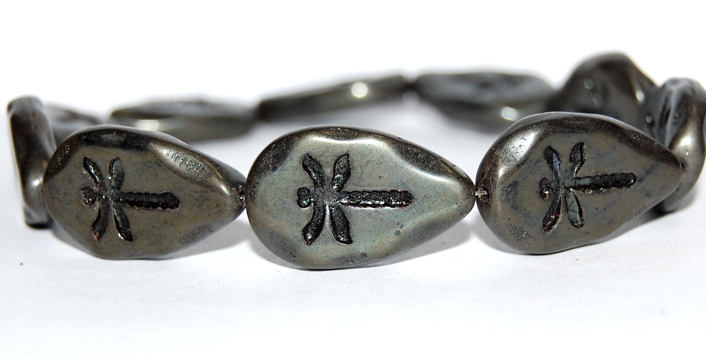 Leaf With Drahonfly Pressed Glass Beads, Black Luster Red Full Coated (23980 14495), Glass, Czech Republic