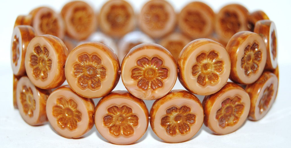 Table Cut Round Beads With Flower, 74010X Travertin (74010X 86800), Glass, Czech Republic