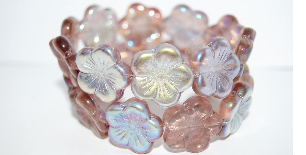 Round Flower Hibiskus Pressed Glass Beads, Transparent Light Amethyst Ab (20020 Ab), Glass, Czech Republic