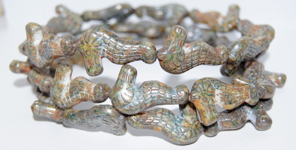 Seahorse Pressed Glass Beads, White Senegal Blue (2010 15664), Glass, Czech Republic