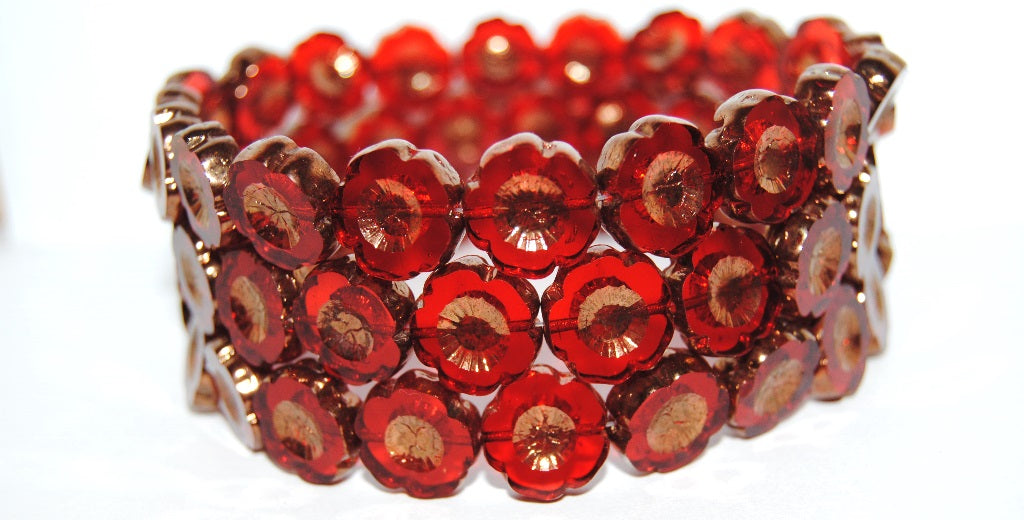 Table Cut Round Beads Hawaii Flowers, Light Siam Bronze (90070 14415), Glass, Czech Republic