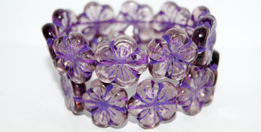 Round Flower Hibiskus Pressed Glass Beads, Transparent Light Amethyst 46420 (20020 46420), Glass, Czech Republic