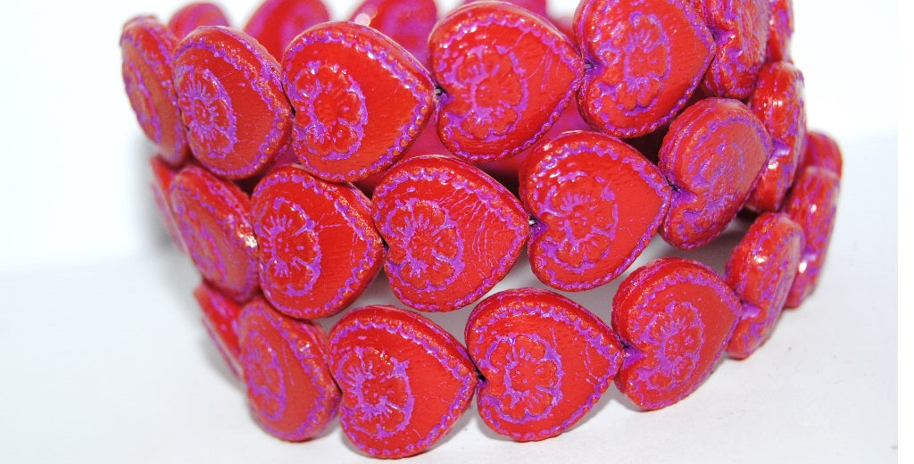 Heart With Flower Pressed Glass Beads, (93400B 46420), Glass, Czech Republic