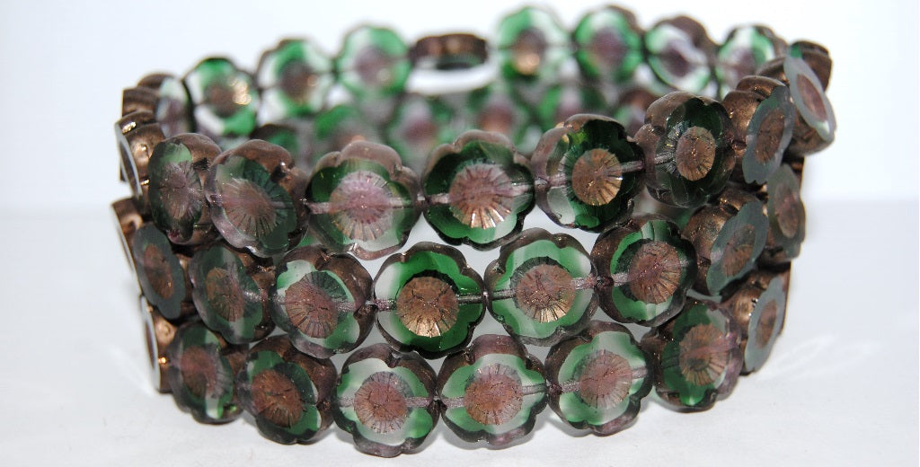 Table Cut Round Beads Hawaii Flowers, 5015003 Bronze Matte (5015003 14415M), Glass, Czech Republic