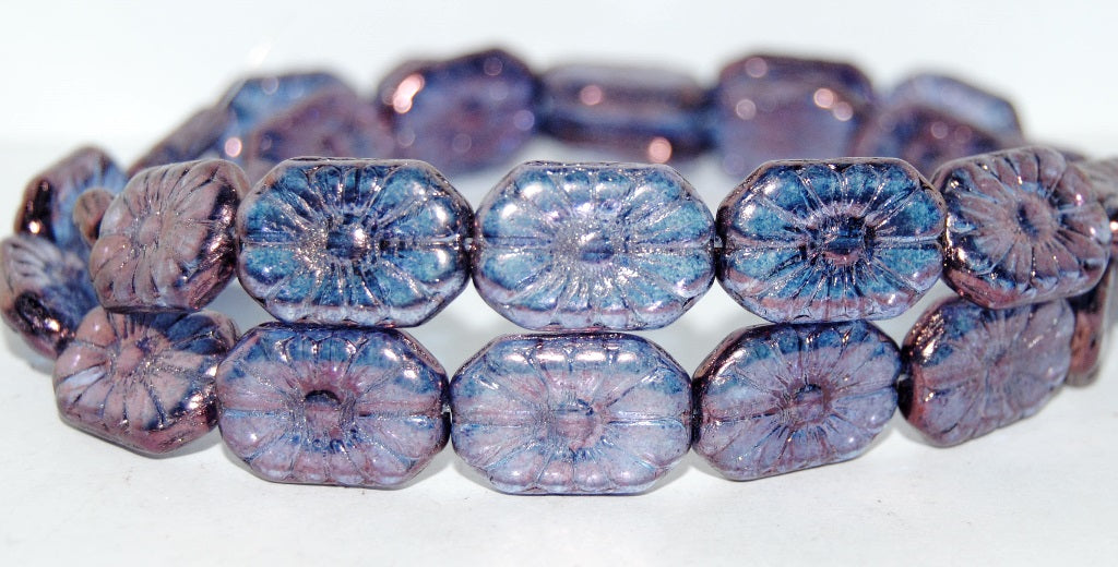 Rounded Rectangle With Flower Pressed Glass Beads, Crystal Purple (30 15726), Glass, Czech Republic