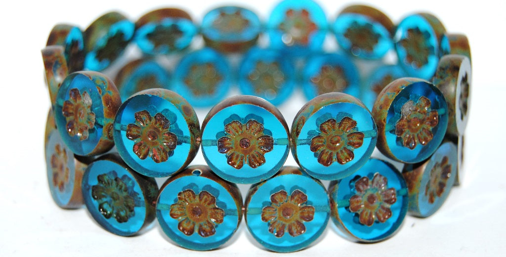 Table Cut Round Beads With Flower, Transparent Aqua Travertin (60050 86800), Glass, Czech Republic