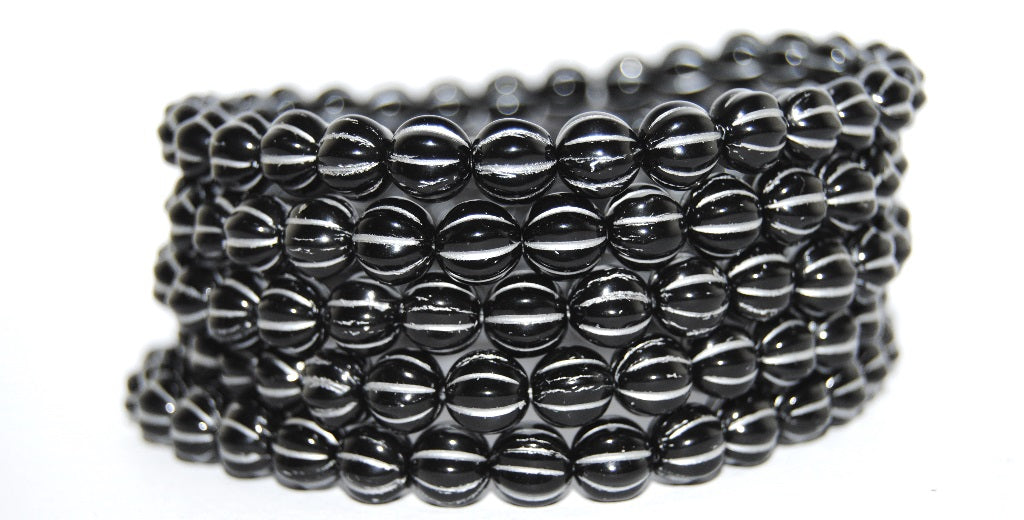 Melon Round Pressed Glass Beads With Stripes, Black 54201 (23980 54201), Glass, Czech Republic