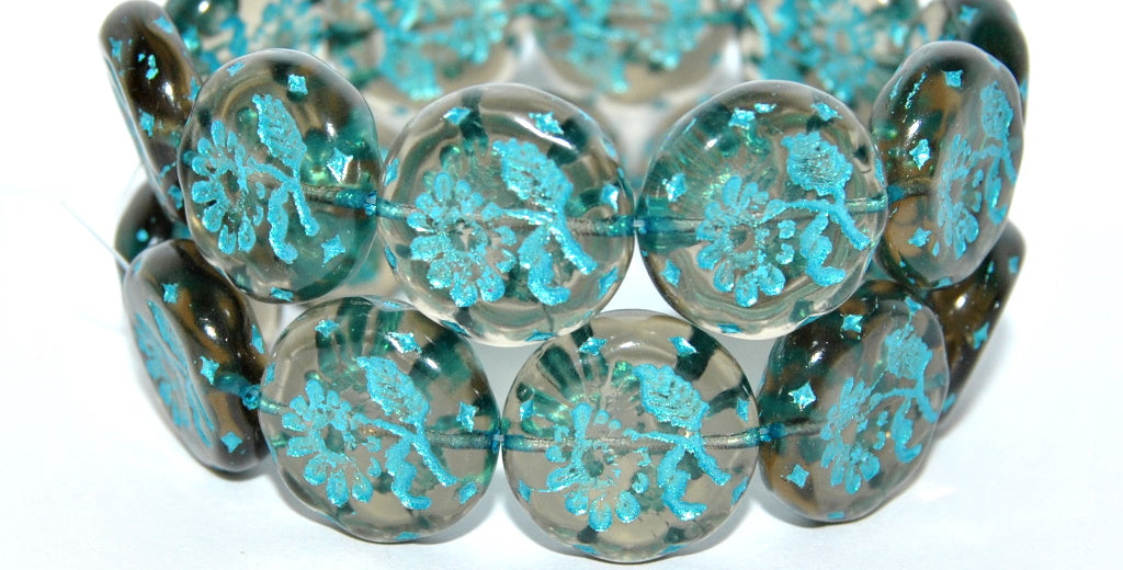 Round Flat With Flower Marguerite Pressed Glass Beads, (40020 43811 Metalic), Glass, Czech Republic