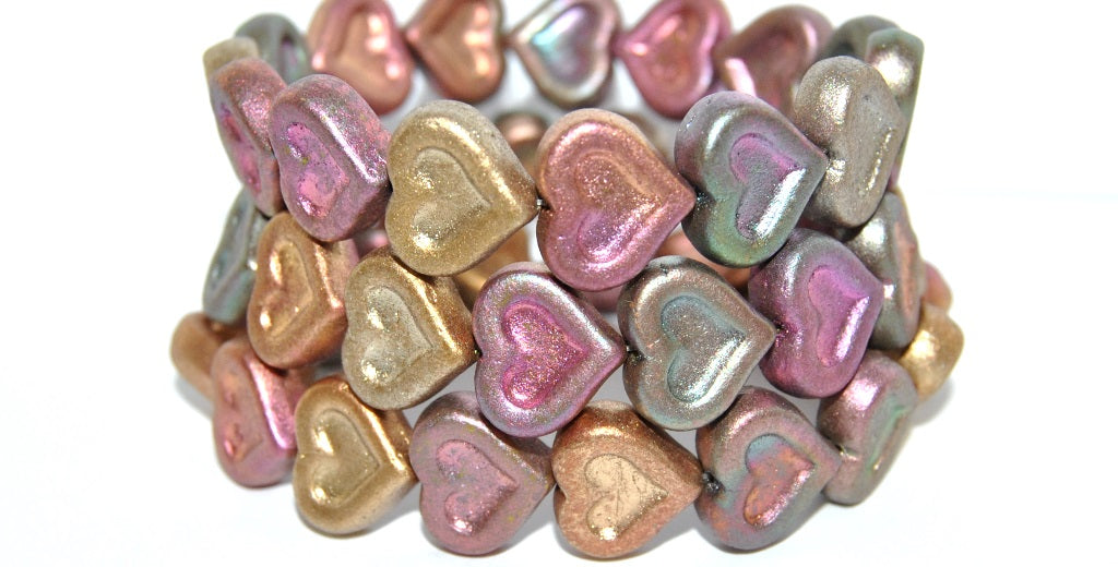 Heart With Heart Pressed Glass Beads, Mix Of Metallic Colours Dyed (1640), Glass, Czech Republic