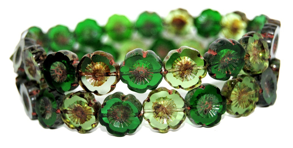 Table Cut Round Beads Hawaii Flowers, Green Mixed Colors 4 Travertin (Green Mix 4 86800), Glass, Czech Republic