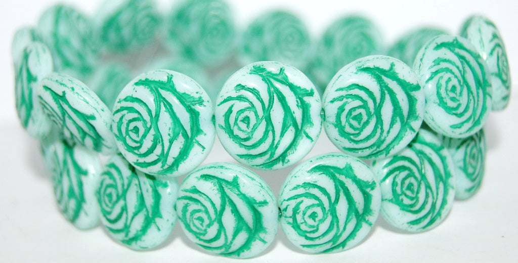 Round Flat Rose Flower Pressed Glass Beads, White 46450 (2010 46450), Glass, Czech Republic