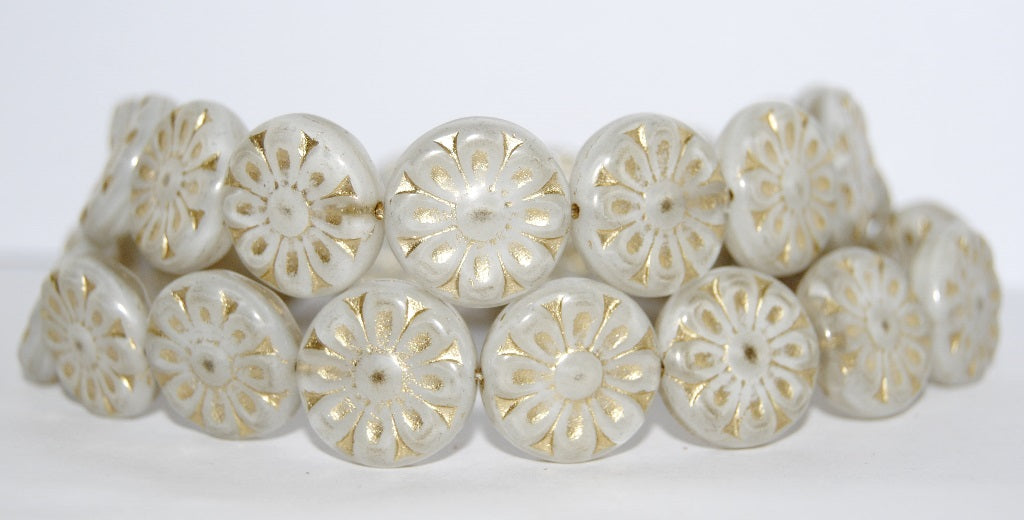 Flat Round With Flower Pressed Glass Beads, White 54202 (2010 54202), Glass, Czech Republic