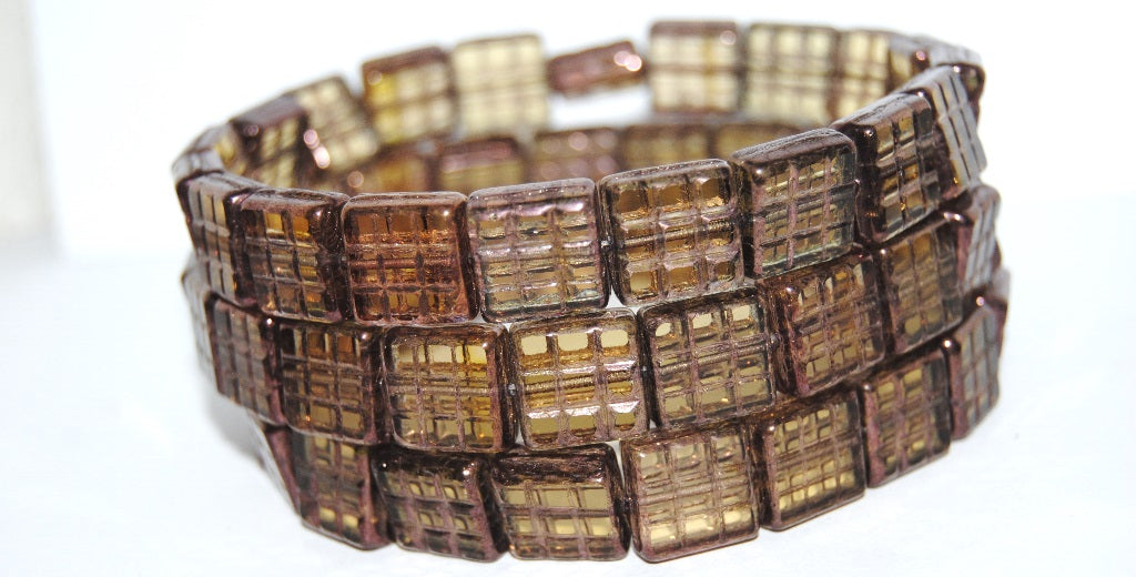 Table Cut Square Beads With Grid, 10020 Luster Violet Full Coated (10020 14496), Glass, Czech Republic