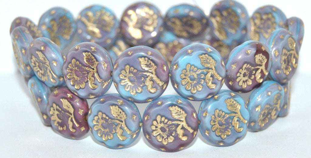 Round Flat With Flower Marguerite Pressed Glass Beads, (67713B 54202), Glass, Czech Republic