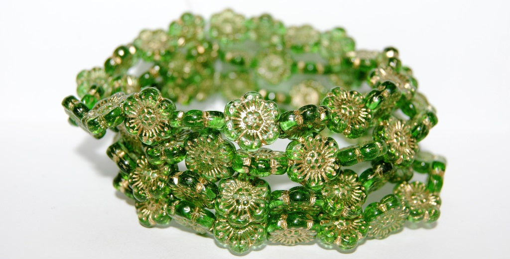 Flower Pressed Glass Beads, Transparent Green 54202 (50130 54202), Glass, Czech Republic