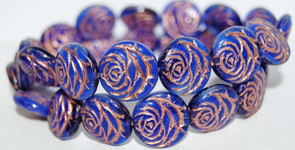 Round Flat Rose Flower Pressed Glass Beads, Mix06308 Rich Blue 54200 (Mix06308 33060 54200), Glass, Czech Republic