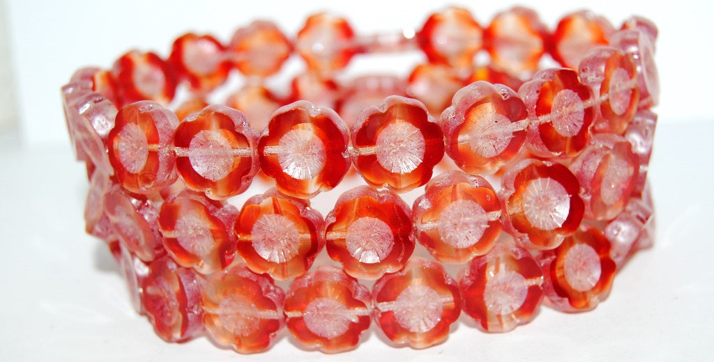 Table Cut Round Beads Hawaii Flowers, 90080100 Luster Cream (90080100 14401), Glass, Czech Republic
