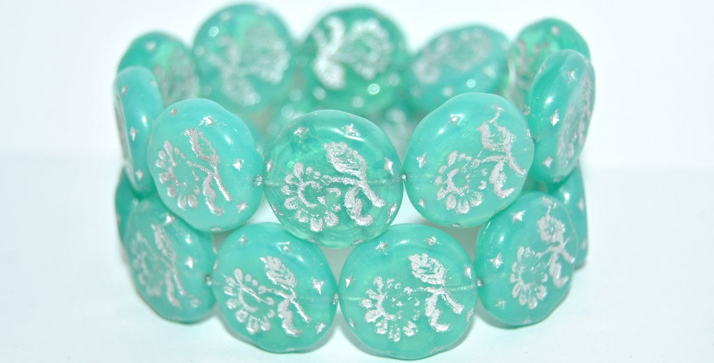 Round Flat With Flower Marguerite Pressed Glass Beads, Opal Aqua 54201 Uranium (61100 54201 Uranium), Glass, Czech Republic