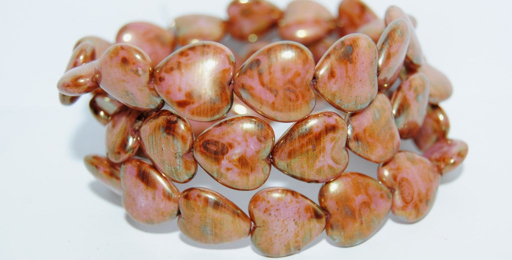 Heart Pressed Glass Beads, Chalk White Senegal Red (3000 15675), Glass, Czech Republic