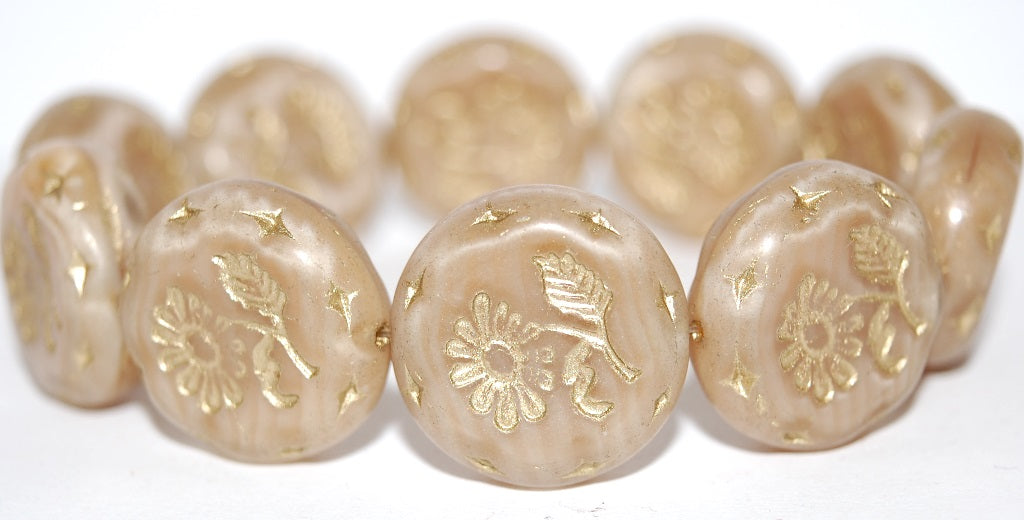 Round Flat With Flower Marguerite Pressed Glass Beads, (17006 54202), Glass, Czech Republic