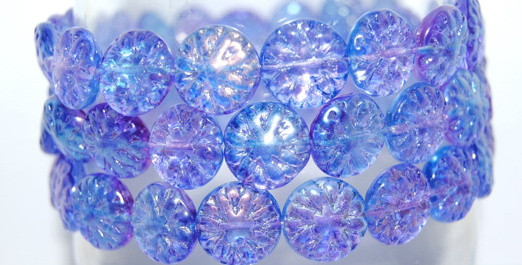 Round Flower Edelweiss Pressed Glass Beads, Crystal 48102 (30 48102), Glass, Czech Republic