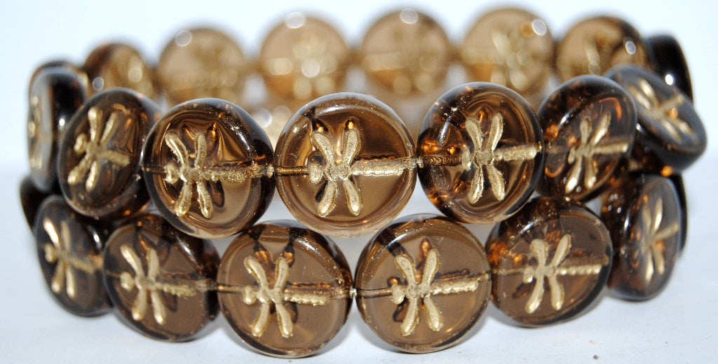 Round Flat Wit Dragonfly Pressed Glass Beads, Transparent Brown 54202 (10210 54202), Glass, Czech Republic