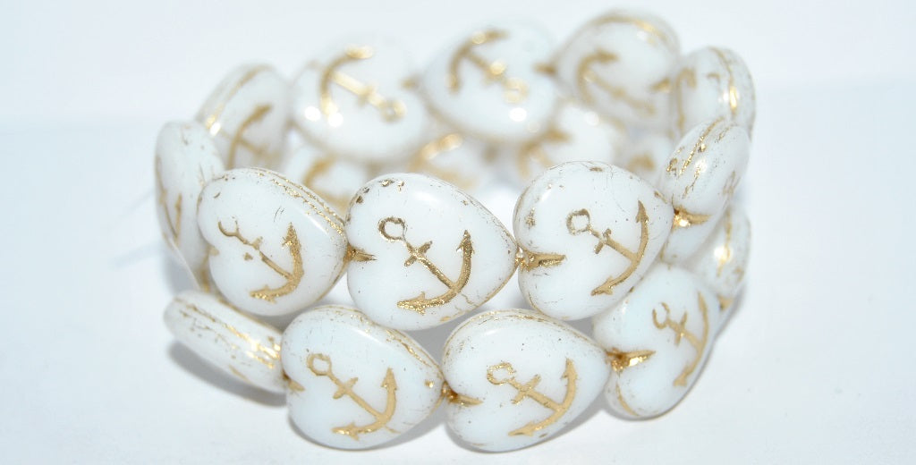 Heart With Anchor Pressed Glass Beads, White 54202 (2010 54202), Glass, Czech Republic