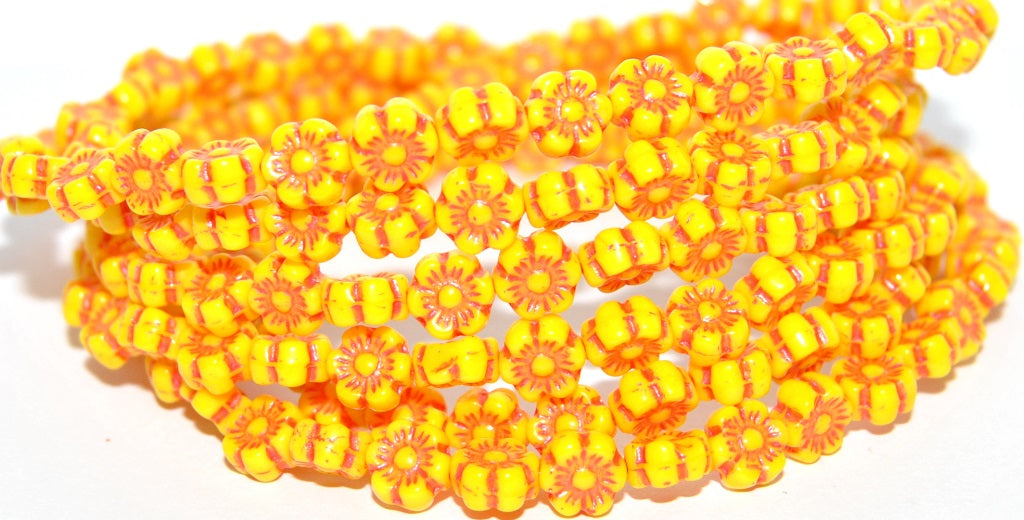 Hawaii Flower Pressed Glass Beads, Yellow 43808 Metalic (83120 43808 Metalic), Glass, Czech Republic