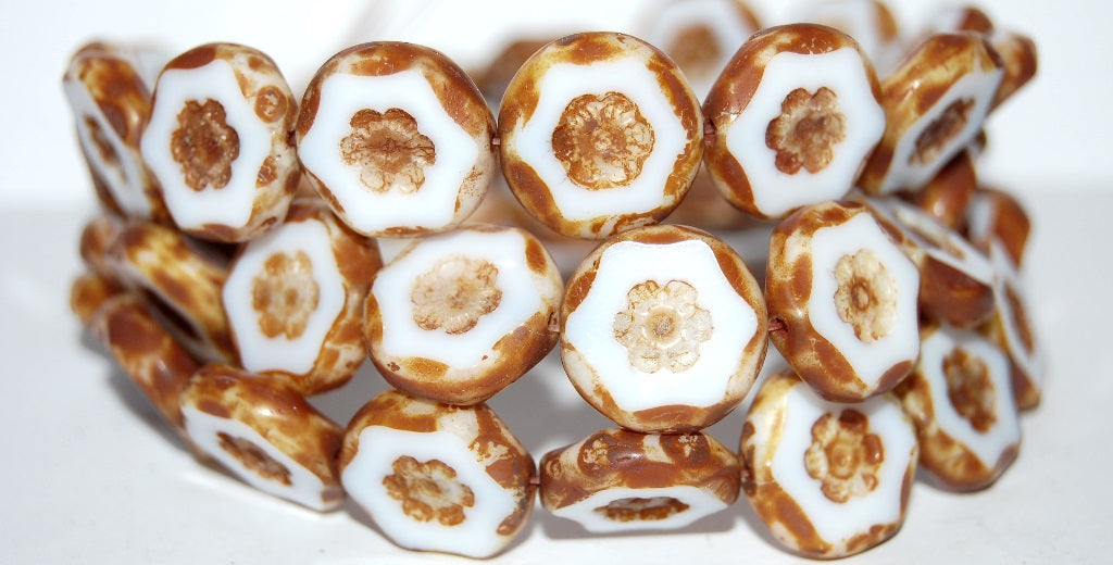 Table Cut Round Beads With Flower, White Travertin (2010 86800), Glass, Czech Republic