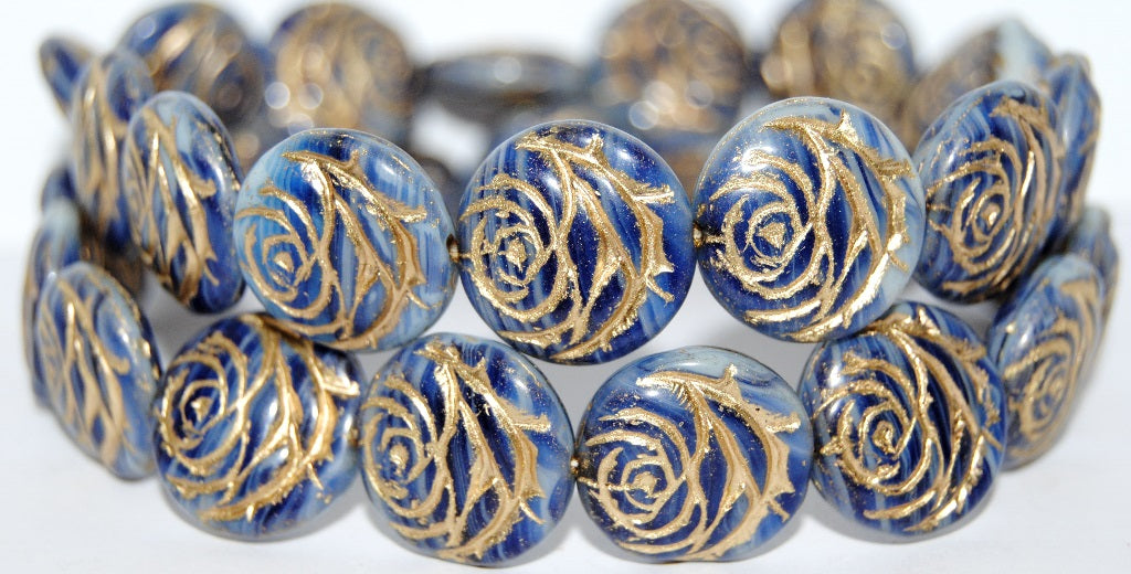 Round Flat Rose Flower Pressed Glass Beads, Opaque White Blue Striped 54202 (35000 54202), Glass, Czech Republic