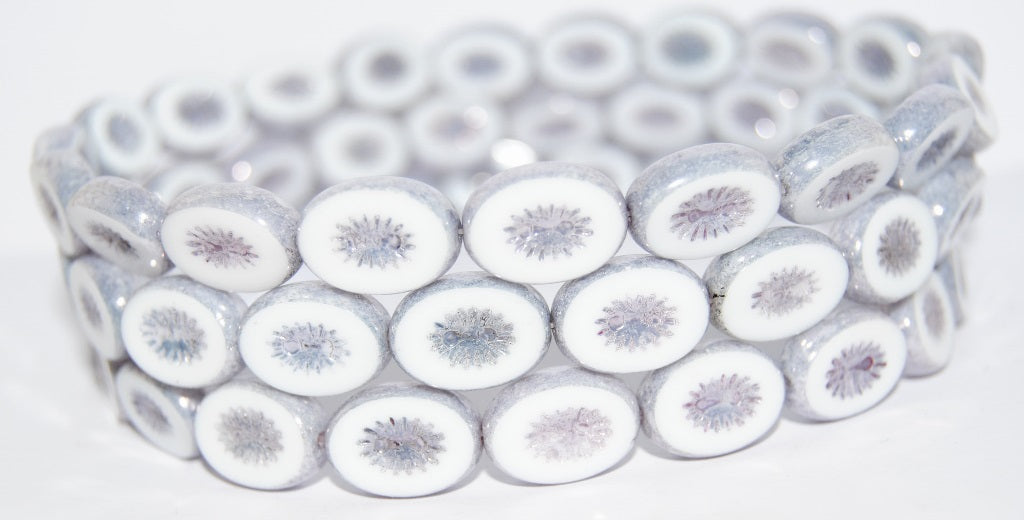 Table Cut Oval Beads Kiwi, White Purple (2010 15726), Glass, Czech Republic