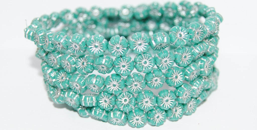 Hawaii Flower Pressed Glass Beads, Turquoise 54201 (63130 54201), Glass, Czech Republic