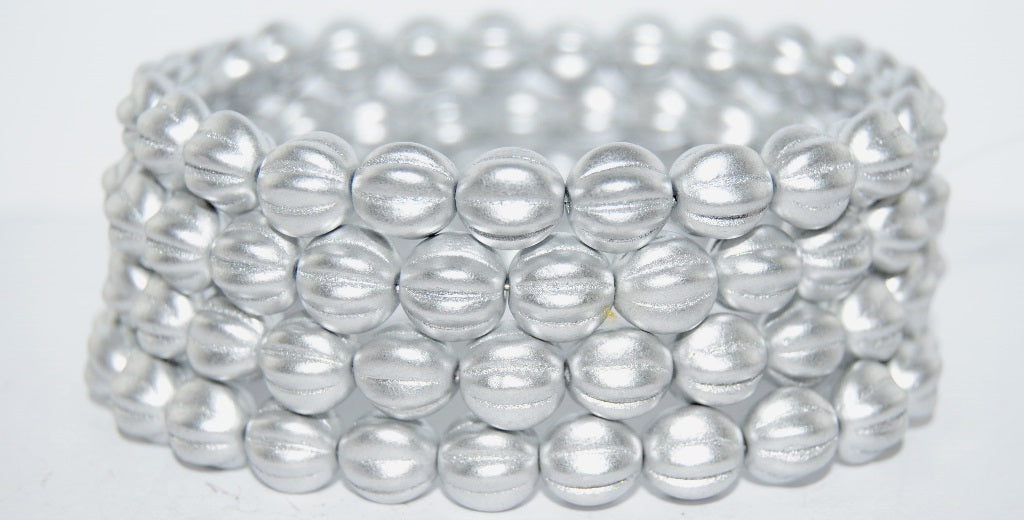 Melon Round Pressed Glass Beads With Stripes, Silver Colored (1700), Glass, Czech Republic