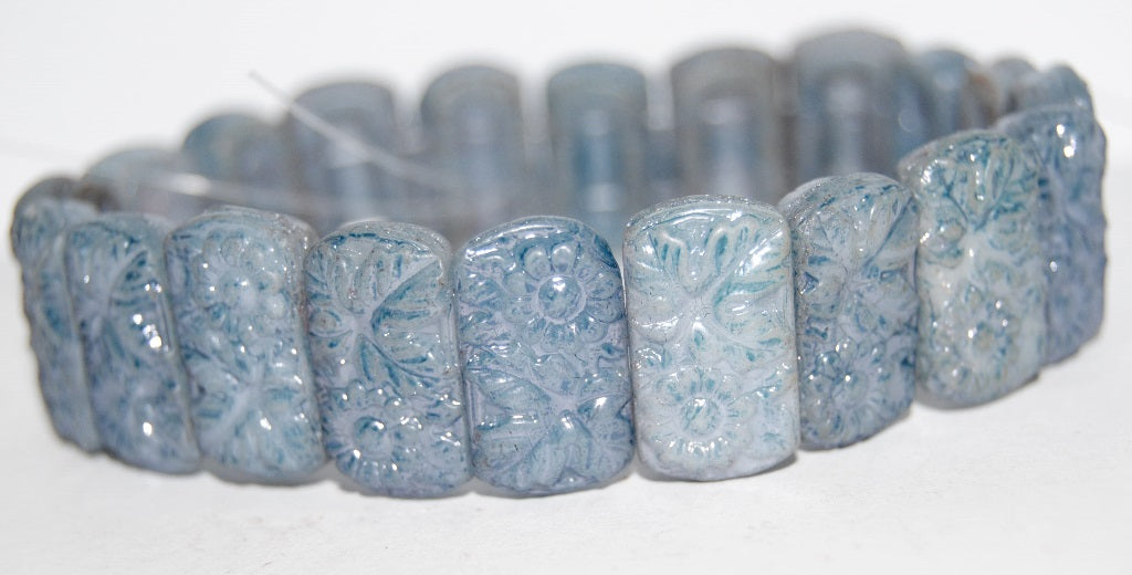 Flat Rectangle 2-Hole Pressed Glass Beads With Flower, White Luster Blue Full Coated (2010 14464), Glass, Czech Republic
