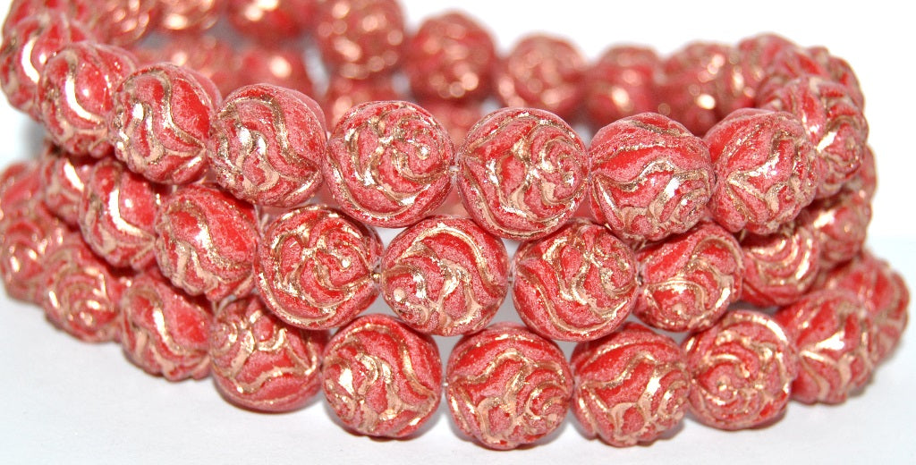 Round Rose Pressed Glass Beads, Opaque Red 54200 Antiq (93200 54200 Antiq), Glass, Czech Republic