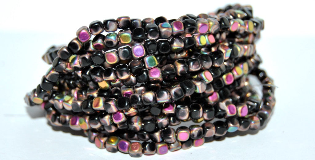 Czech Glass Pressed Beads Cube, Black 27105 (23980 27105), Glass, Czech Republic