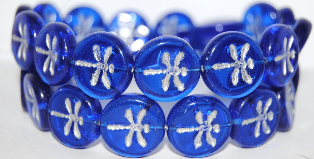 Round Flat Wit Dragonfly Pressed Glass Beads, Transparent Blue 54201 (30060 54201), Glass, Czech Republic