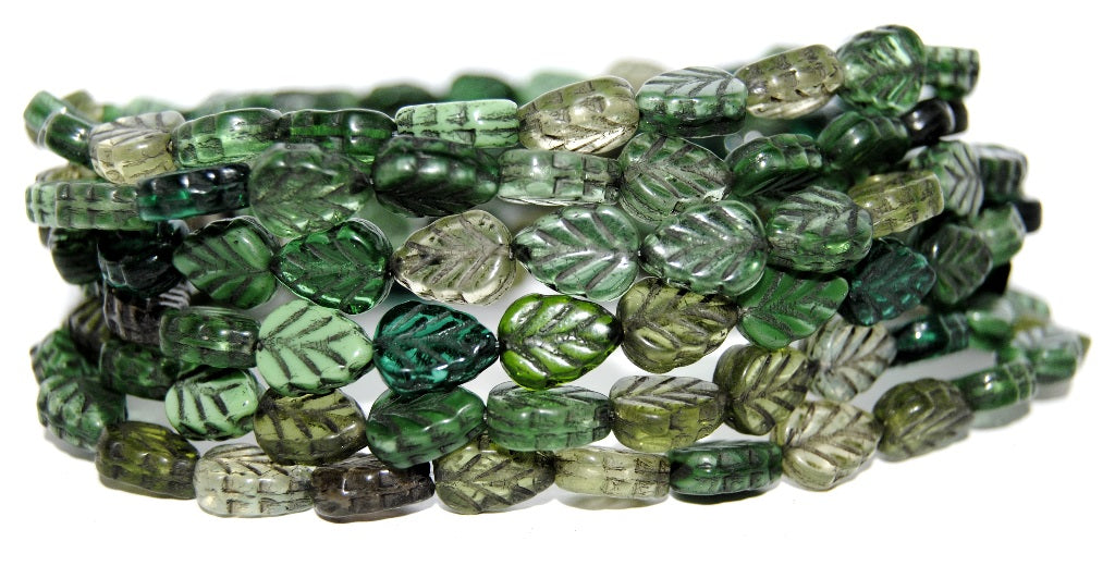 Lilac Leaf Pressed Glass Beads, Green Mixed Colors 2 23202 (Green Mix 2 23202), Glass, Czech Republic