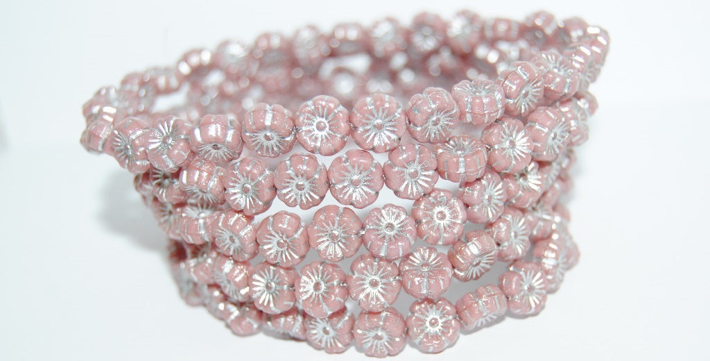 Hawaii Flower Pressed Glass Beads, Opaque Pink 54201 (74020 54201), Glass, Czech Republic