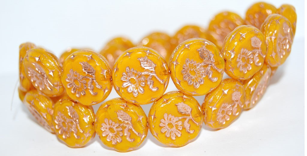 Round Flat With Flower Marguerite Pressed Glass Beads, (81220 54200), Glass, Czech Republic