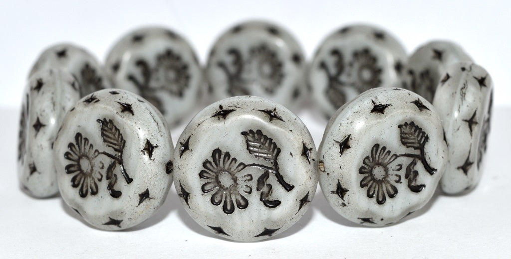 Round Flat With Flower Marguerite Pressed Glass Beads, (46006 23202), Glass, Czech Republic