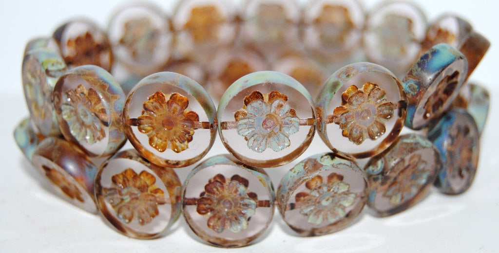 Table Cut Round Beads With Flower, Transparent Light Amethyst 66800 (20020 66800), Glass, Czech Republic