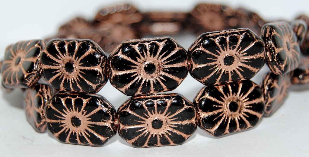 Rounded Rectangle With Flower Pressed Glass Beads, Black 54200 (23980 54200), Glass, Czech Republic