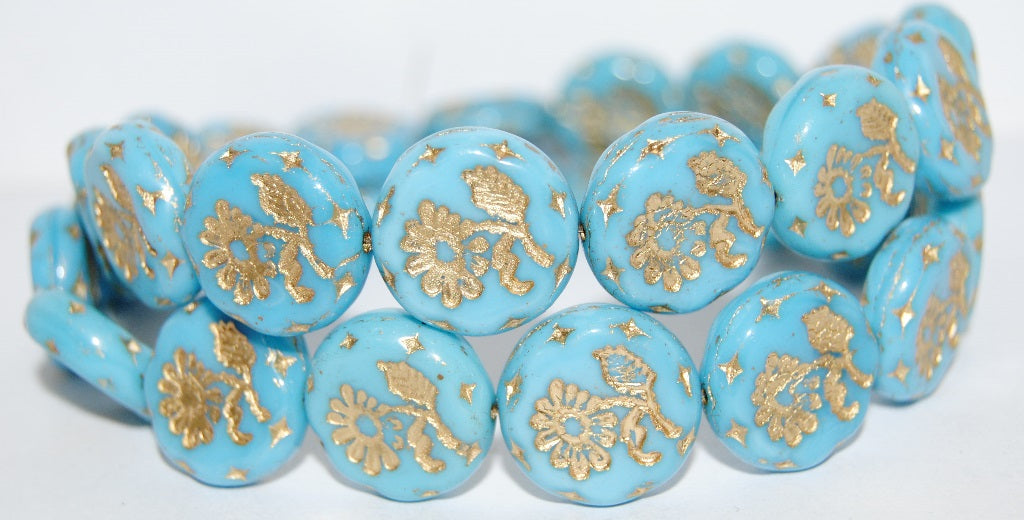 Round Flat With Flower Marguerite Pressed Glass Beads, Turquoise Blue 54202 (63030 54202), Glass, Czech Republic