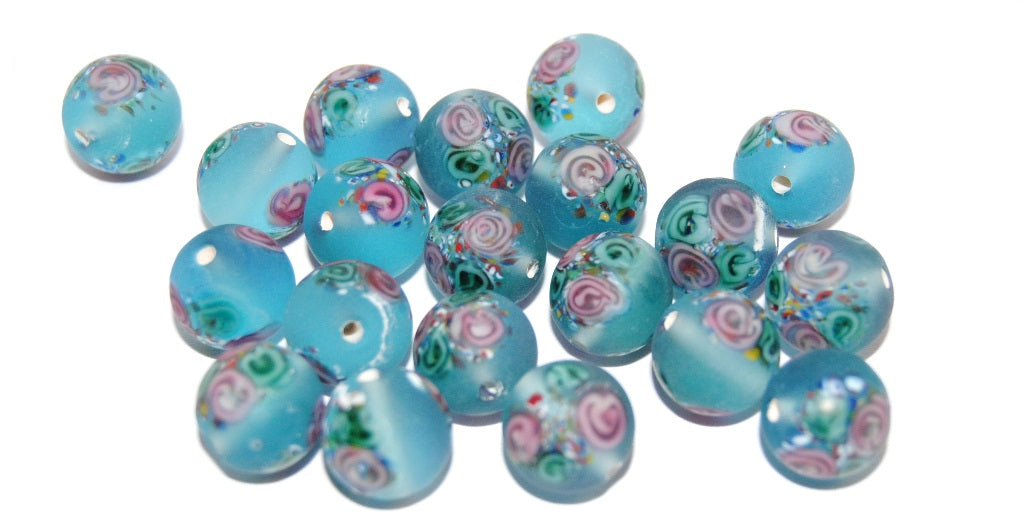 Czech Glass Hand Made Round Lampwork Beads With Flower, (10 C), Glass, Czech Republic
