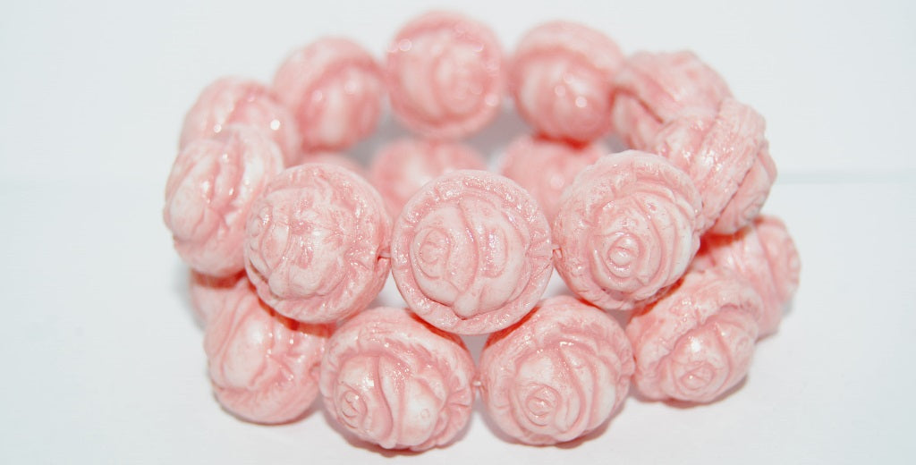 Round With Rose Flower Pressed Glass Beads, (Lava Glass Pink), Glass, Czech Republic