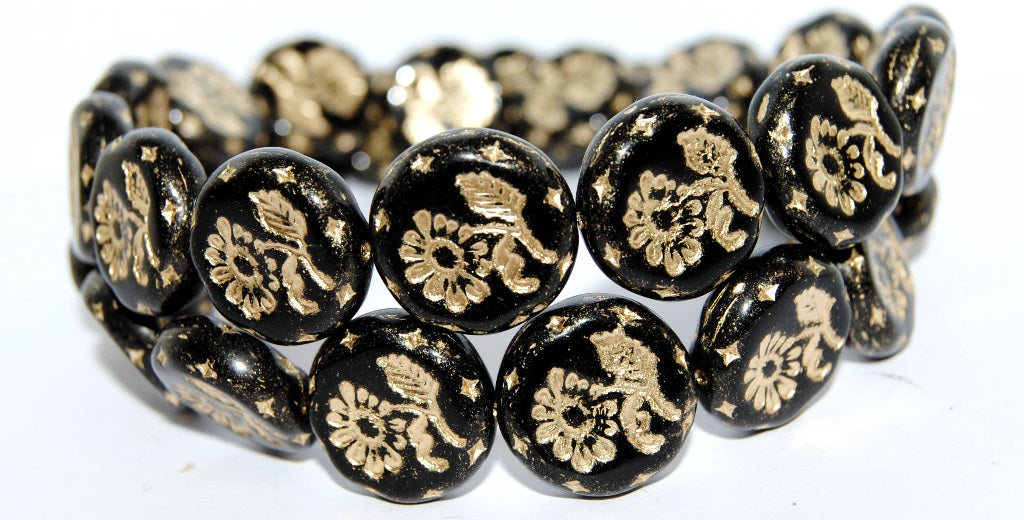 Round Flat With Flower Marguerite Pressed Glass Beads, Black 54202 (23980 54202), Glass, Czech Republic