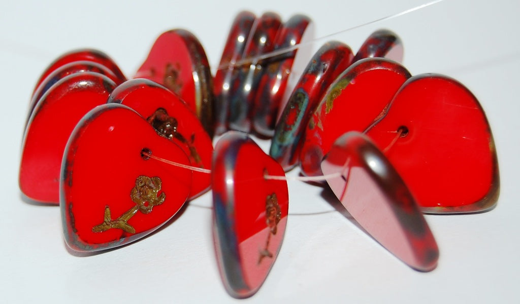 Table Cut Heart Beads With Rose Pendant, Deep Orange Travertin (93140 86800), Glass, Czech Republic